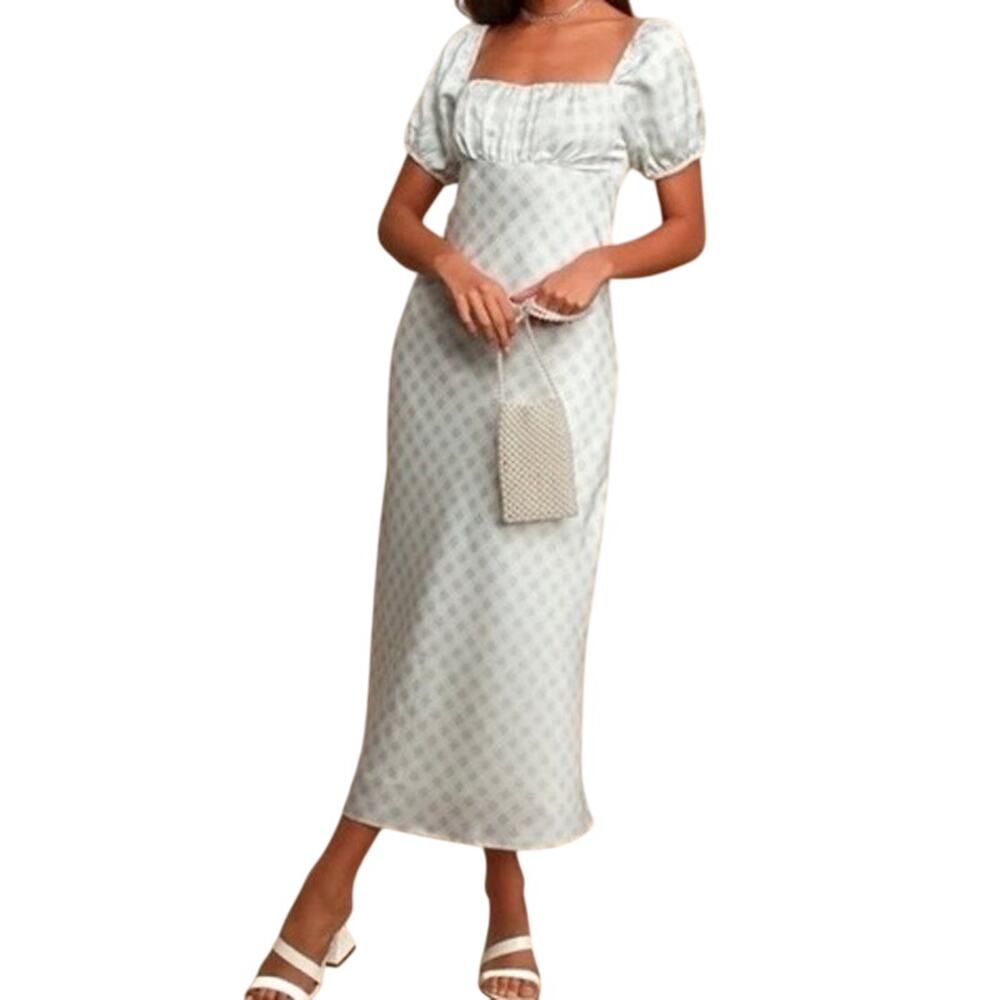 WAYF Sacha Blue Gingham Puff Sleeve Square Neck Midi Dress Size Small